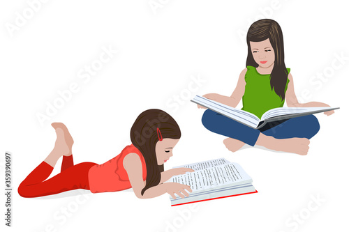Little girl reads a book. Set of illustrations. Distance learning. Home education. School girl girl doing homework. Child with a book in her hands. Bookcrossing.