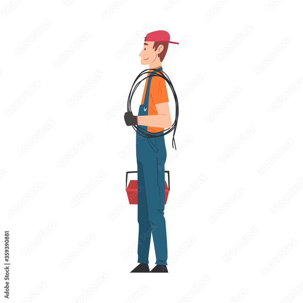 Male Electrician Engineer, Professional Worker Character in Uniform with Cable and Toolbox Cartoon Style Vector Illustration