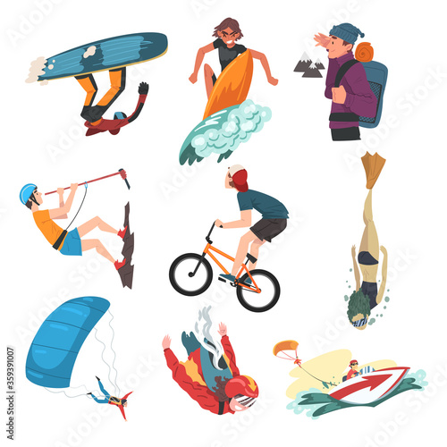 Extreme Sports Set, Snowboarding, Surfing, Hiking, Diving, Skateboarding, Roller Skating, Hobbies and Recreational Activities Cartoon Style Vector Illustration