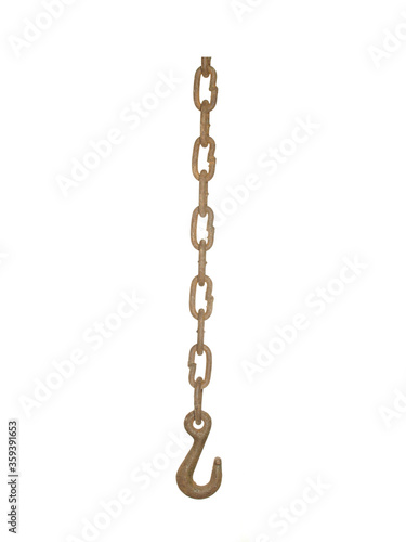 Steel rusty chain with a hook on the end isolated on a white background.