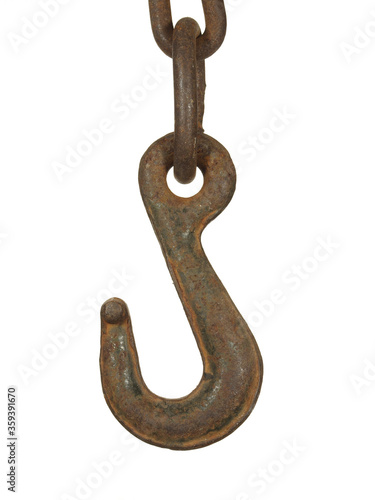 Old rusty steel hook isolated on a white background.