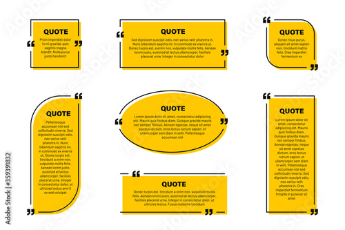 Quote text box, quote frame with space for text. Set of quotation bubbles. Abstract texting box templates, message border and quote frames with yellow background