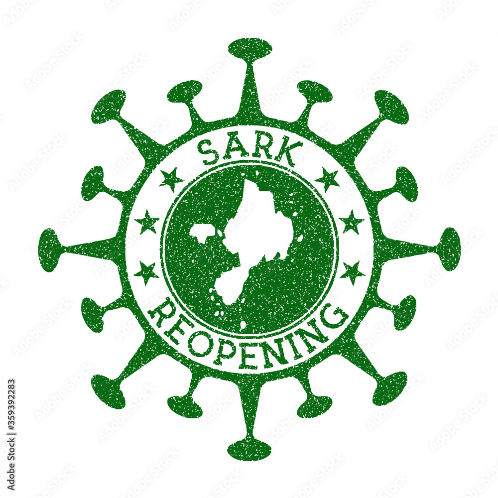 Sark Reopening Stamp. Green round badge of island with map of Sark. Island opening after lockdown. Vector illustration.