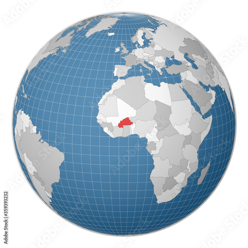 Globe centered on Burkina Faso. Country highlighted in green on world map. Satellite world projection. Modern vector illustration.