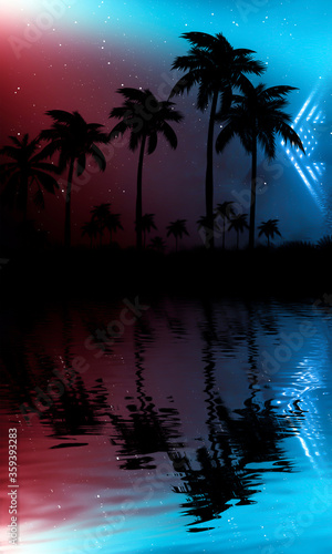 Empty tropical background of night sea beach. Silhouettes of tropical palm trees on a background of bright sunset. 3d illustration