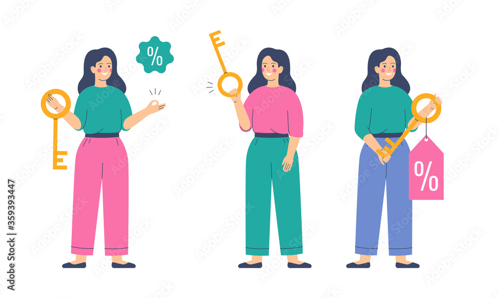 Young woman holds the golden key with a discount offer tag with a percentage sign. Happy female buyer holds the key to their purchase. Vector illustration