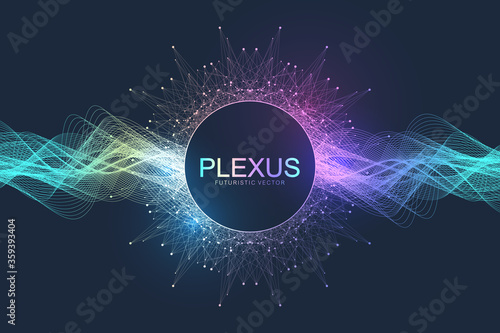 Abstract geometric background with dynamic particles, wave flow. Big data, plexus stream background. Perspective data visualization with fractal element. Plexus flow style. Digital vector illustration