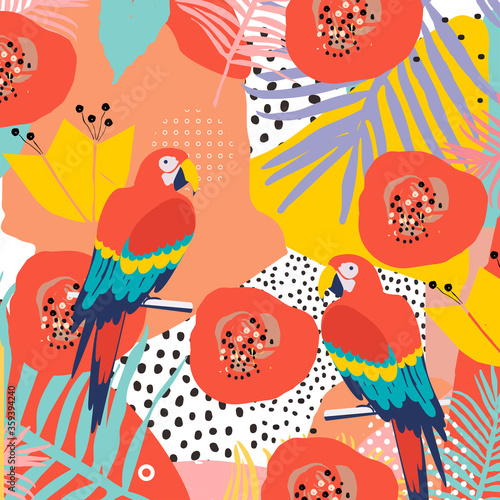 Tropical flowers and leaves background with parrots. Colorful summer vector illustration design. Exotic tropical art print for travel and holiday  fabric and fashion