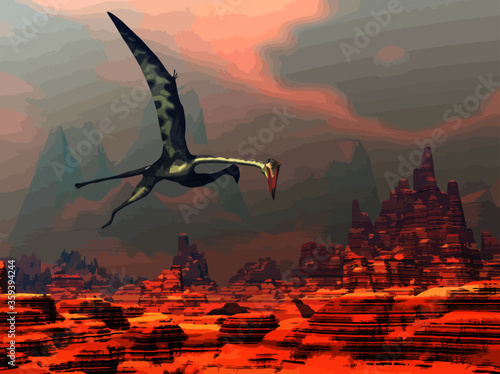 Quetzalcoatlus flying upon a canyon by beautiful sunset