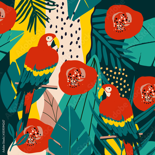 Tropical flowers and leaves background with parrots. Colorful summer vector illustration design. Exotic tropical art print for travel and holiday, fabric and fashion