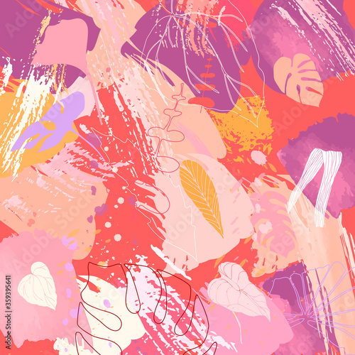 Tropical leaves and plants background. Monstera leaf pattern. Textured artistic background for textile, web design, postcard, banner, poster,  advertisment