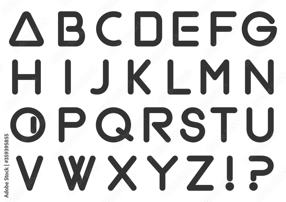Round black geometric font. Minimal. Latin alphabet letters. Cartoon rounded bold font. Vector alphabet set