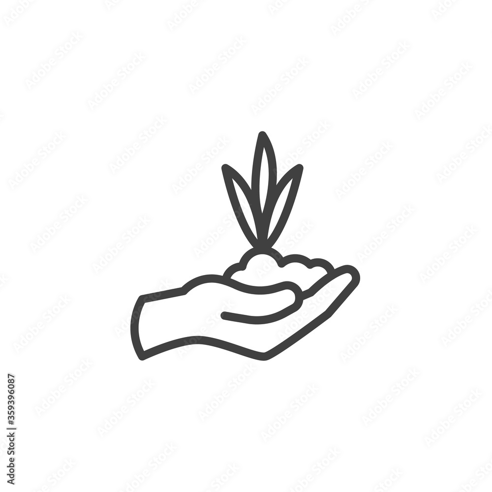 Plant on hand line icon. linear style sign for mobile concept and web design. Hand with sprout outline vector icon. Ecology symbol, logo illustration. Vector graphics Plant on hand line icon. linear style sign for mobile concept and web design. Hand with sprout outline vector icon. Ecology symbol, logo illustration. Vector graphics