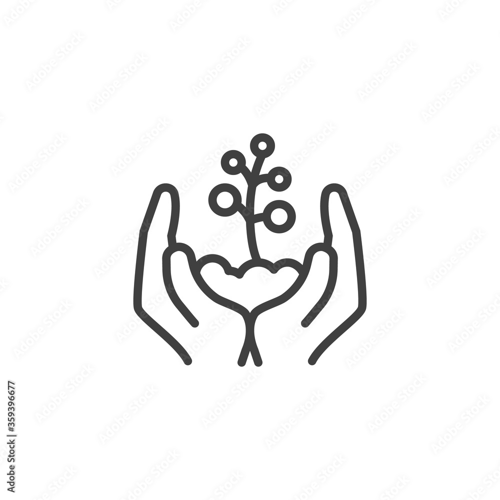 Obraz premium Hands holding plant line icon. linear style sign for mobile concept and web design. Sprout in a hand outline vector icon. Environment protection symbol, logo illustration. Vector graphics