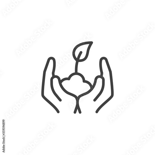 Hands with growing sprout line icon. linear style sign for mobile concept and web design. Hands holding plant with leaves outline vector icon. Ecology symbol, logo illustration. Vector graphics