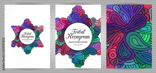 Doodle style hexagram corporate identity templates set . Colorful zentangle jewish design. Ethnic tribal flyer and document mockups.