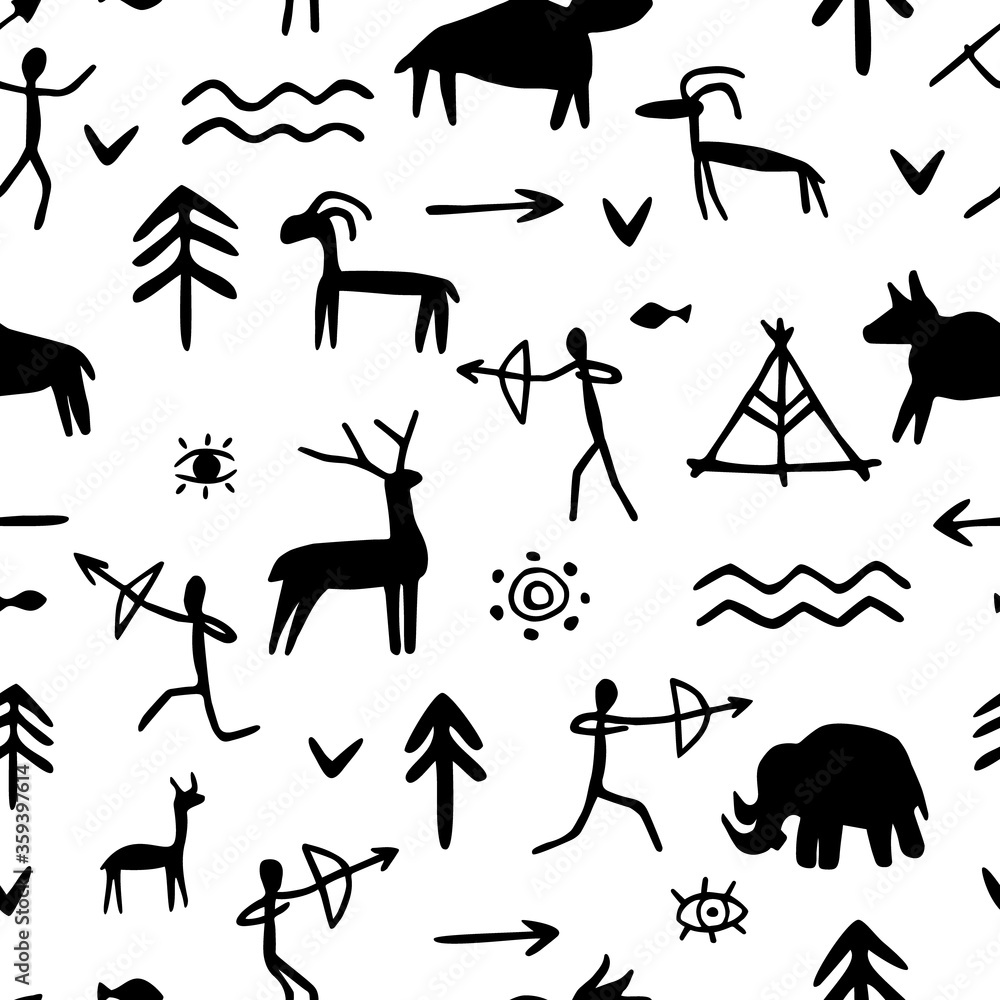 Vettoriale Stock Vector seamless pattern with rock paintings of prehistoric  humans, animals, weapons. Cave drawings of different symbols | Adobe Stock