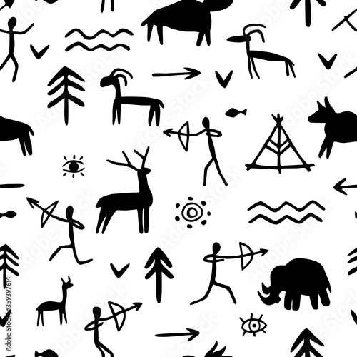 Vector seamless pattern with rock paintings of prehistoric humans, animals, weapons. Cave drawings of different symbols
