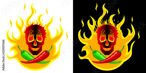 Really hot mexican peppers. Green and red peppers on the background of fire with a burning skull. Vector photo
