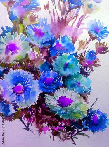 Abstract bright colored decorative background . Floral pattern handmade . Beautiful tender romantic bouquet of summer aster flowers , made in the technique of watercolors from nature. photo