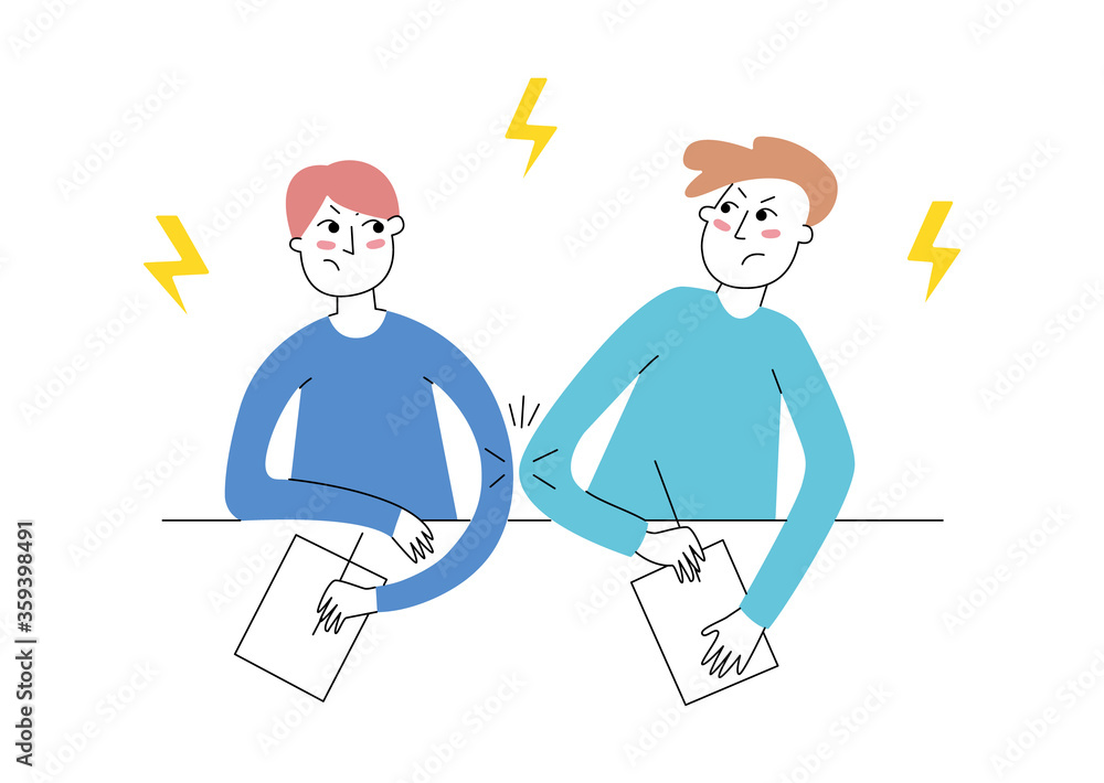 Being left handed: right-left elbow war. Sharing the desk with lefty. Left-handed boy and his right-handed school partner. Vector illustration, modern line style