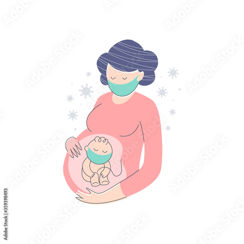 Pregnant women and her unborn child wearing medical masks, metaphor of coronavirus infection danger for pregnancy and newborn.Fear of contamination for expecting women.Vector illustration, flat style