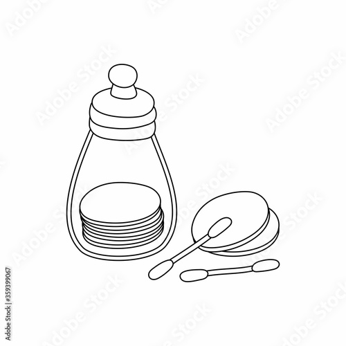 Cosmetic cotton pads and sticks in a glass jar.