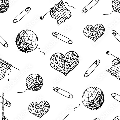 Hand-drawn vector black outline seamless pattern. Knitting, favorite homework. Thread, needles, clew, pin, knitted heart on a white background. Hobbies, needlework. For prints of fabric, packaging.