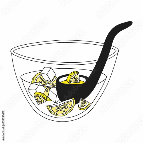 Glass bowl with punch, lemon and ice.