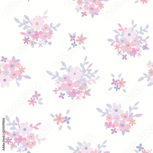 Beautiful seamless floral pattern with Scandinavian bouquet on white background. Pale color flower.