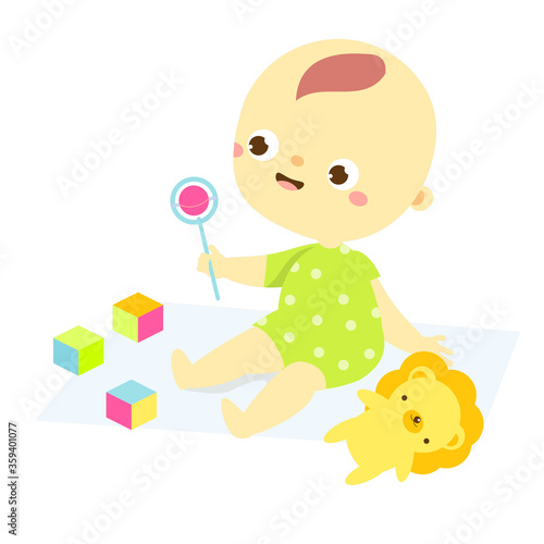 baby play with rattle and cubes. Newborn child, Little kid enjoy toys