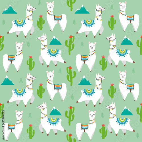 Vector seamless pattern with llama, alpaca, cactus, mountain. Childish texture print for fabric, case, textile, wallpaper. Trendy cartoon llama illustration.