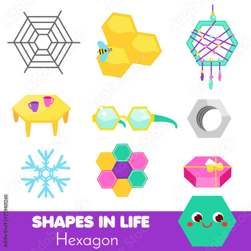 Shapes in life. Hexagon. Learning cards for kids. Educational infographic for children and toddlers. Study geometric shapes