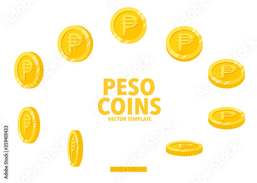 Philippine Peso sign golden coins isolated on white background. Set of flat icon design of coin with symbol at different angles.