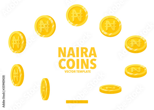 Nigeria Naira sign golden coins isolated on white background. Set of flat icon design of coin with symbol at different angles.