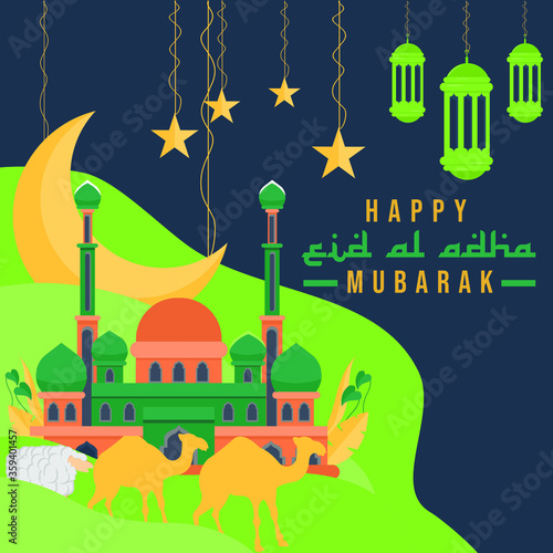 Happy Eid Al-Adha consists of colorful mosque buildings, green lanterns, moon stars