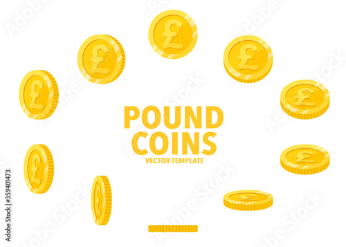 Pound sterling sign golden coins isolated on white background. Set of flat icon design of coin with symbol at different angles.