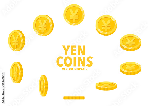 Japan Yen sign golden coins isolated on white background. Set of flat icon design of coin with symbol at different angles.