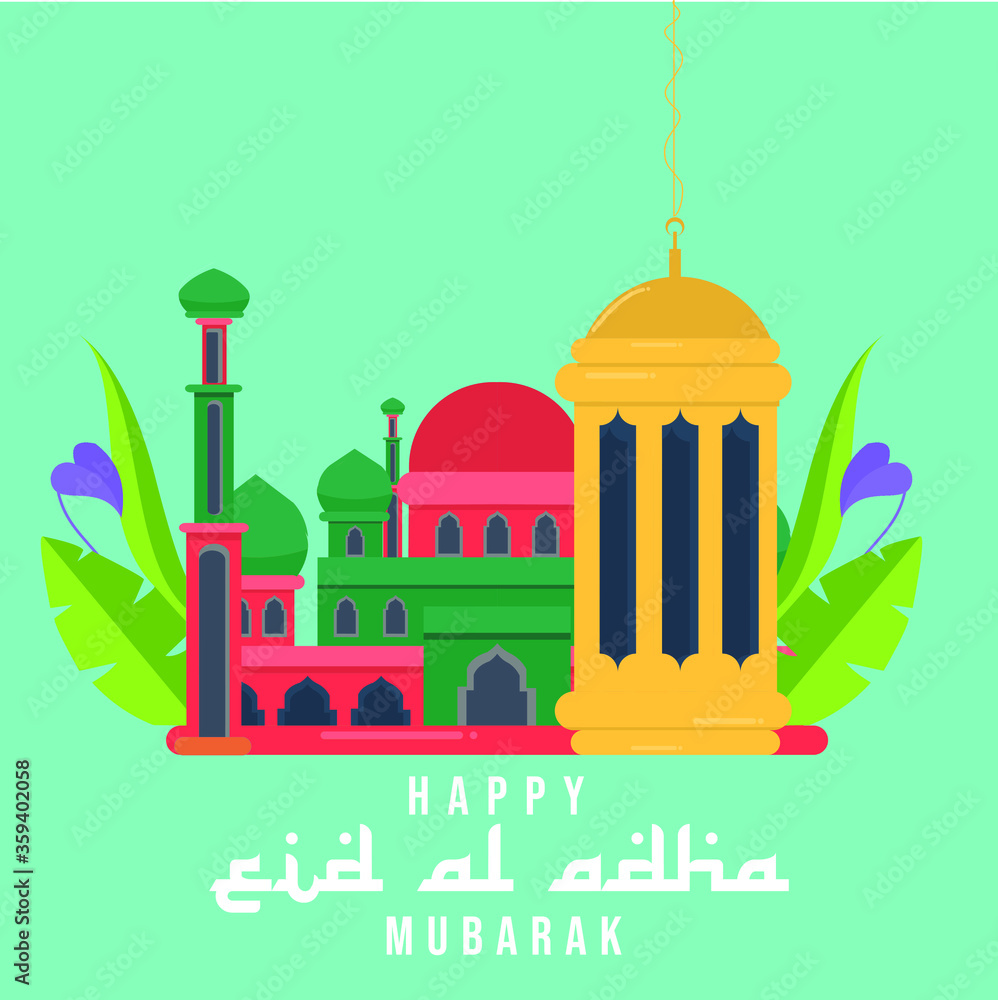 Happy Eid Al-Adha consists of a colorful mosque and some plants with a green background