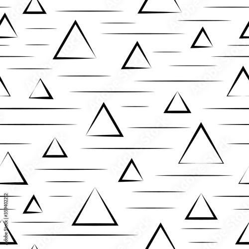 Abstract geometric seamless pattern. Black and white background. Simple graphic texture. Repeating geometric monochrome design with lines and triangles. Stylish prints. Swatch for illustrator. Vector 