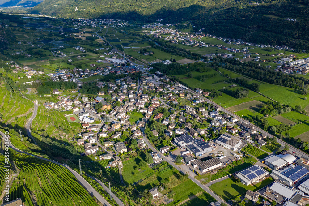 Valtellina (IT) - aerial view of town of Poggiridenti Piano