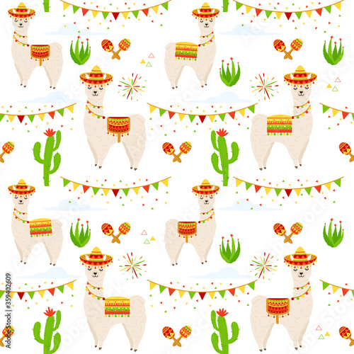 Vector seamless pattern with llama, alpaca, cactus, maracas, firework, saddlery, sombrero hat, flags garlands. Illustration for fabric, case, textile, wallpaper. Fiesta pattern.