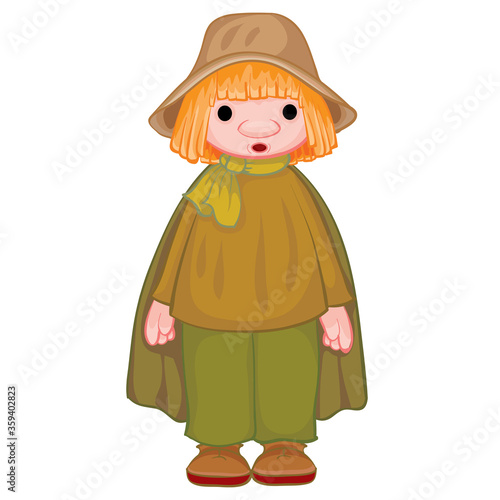 peasant in a gray hat and black cloak, doll, isolated object on a white background, vector illustration,