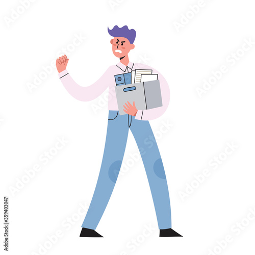 Angry man throwing punch, holding box of stuff leaving work