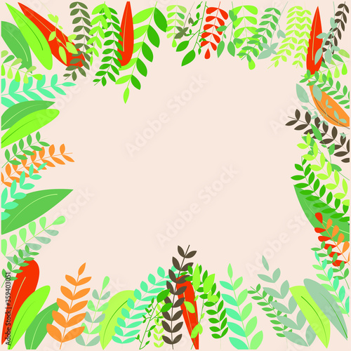 Vector background with leaves with place for text. Illustration of tropical leaves as flat lay. Frame with space for text. Green leaf as vector object. 