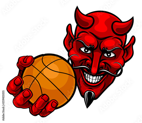A devil or satan basketball sports mascot cartoon character holding a ball