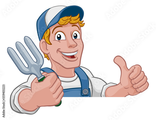 A gardener, handyman or farmer cartoon caretaker contractor man holding a garden fork tool. Peeking over a sign and giving a thumbs up