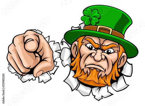 Leprechaun mascot cartoon character pointing at the viewer in a needs or wants you gesture