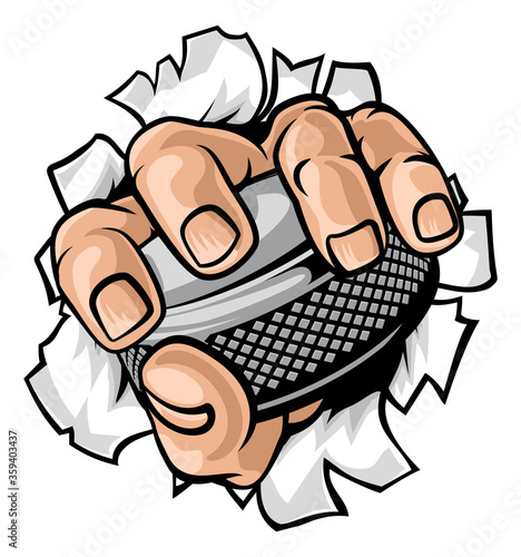 A hand holding an ice hockey puck cartoon design