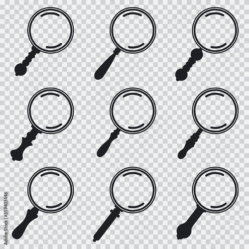 Magnifying glass vector black silhouettes icons set isolated on a transparent background.